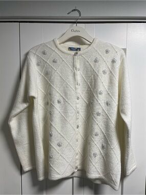 90s Y2K Vintage Volga Beaded Diamond Pattern Cardigan White Size L
